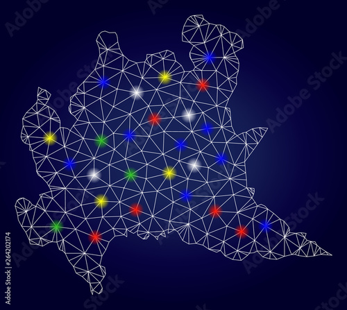 Bright mesh vector Lombardy region map with glowing light spots. Lowpoly model for patriotic purposes. Abstract lines, dots, flash spots are organized into Lombardy region map.