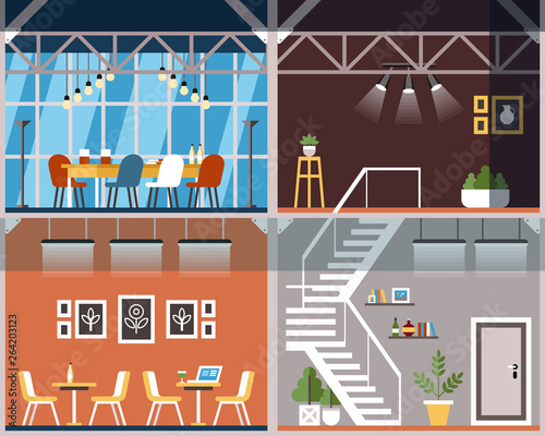 Work Area with Kitchen and Appliances Coworking.