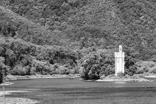 The Binger Mouse Tower, Mauseturm on a small island in the Rhine river in black and white Germany photo