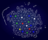 Bright mesh vector Micronesia island map with glowing light spots. Mesh model for patriotic purposes. Abstract lines, dots, light spots are organized into Micronesia island map.