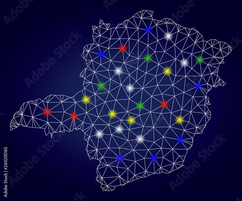 Bright polygonal vector Minas Gerais State map with glare light spots. Mesh model for political purposes. Abstract lines, dots, light spots are organized into Minas Gerais State map.