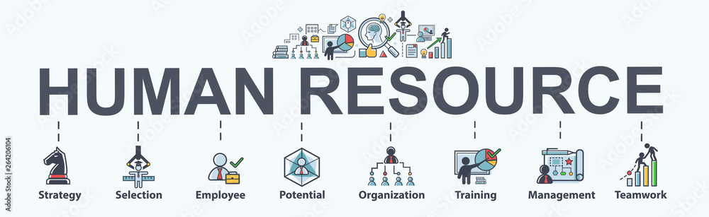 Human resource banner web icon for business. strategy, selection, profile, HR, employee and organization. Minimal vector infographic.
