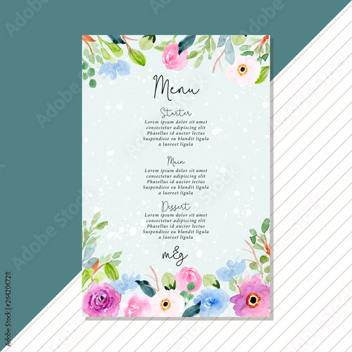 wedding menu card with blue pink floral watercolor frame