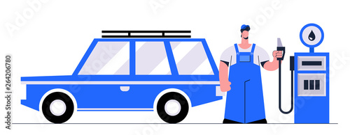 Stylized Flat Character. Gas Station Worker Filling Up Fuel Into the Car. Vector Illustration