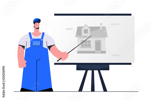 Stylized Flat Character. Builder Giving a Presentation. Vector Illustration