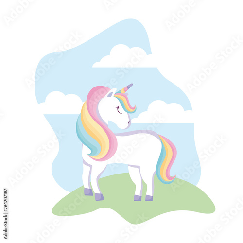 cute unicorn animal in landscape