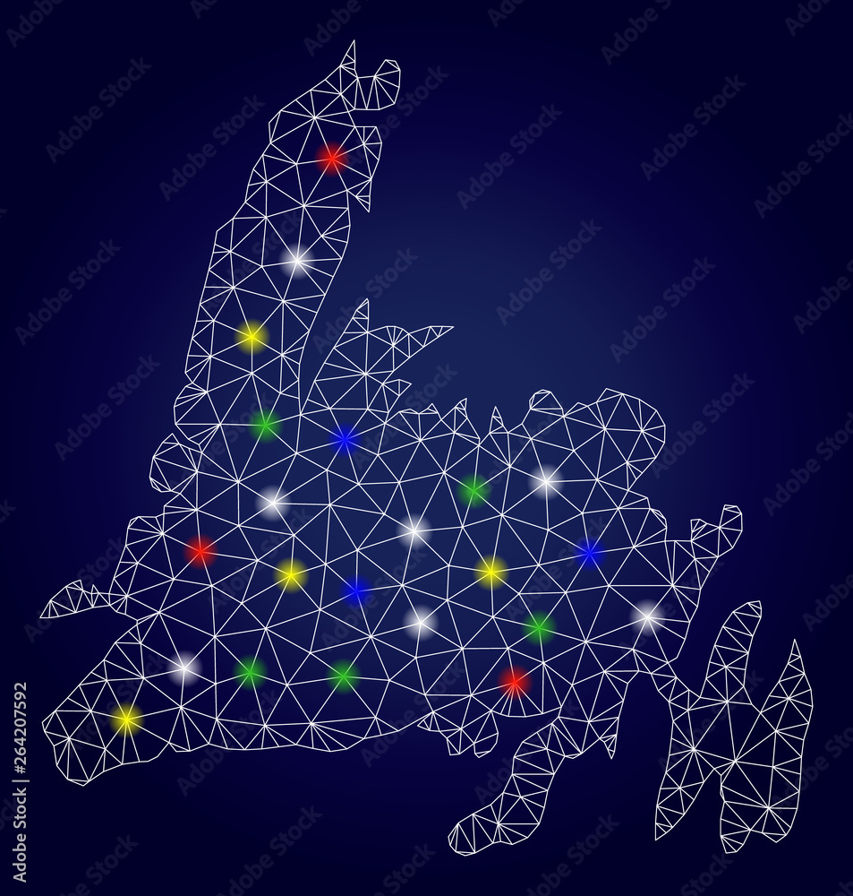 Bright mesh vector Newfoundland Island map with glowing light spots ...