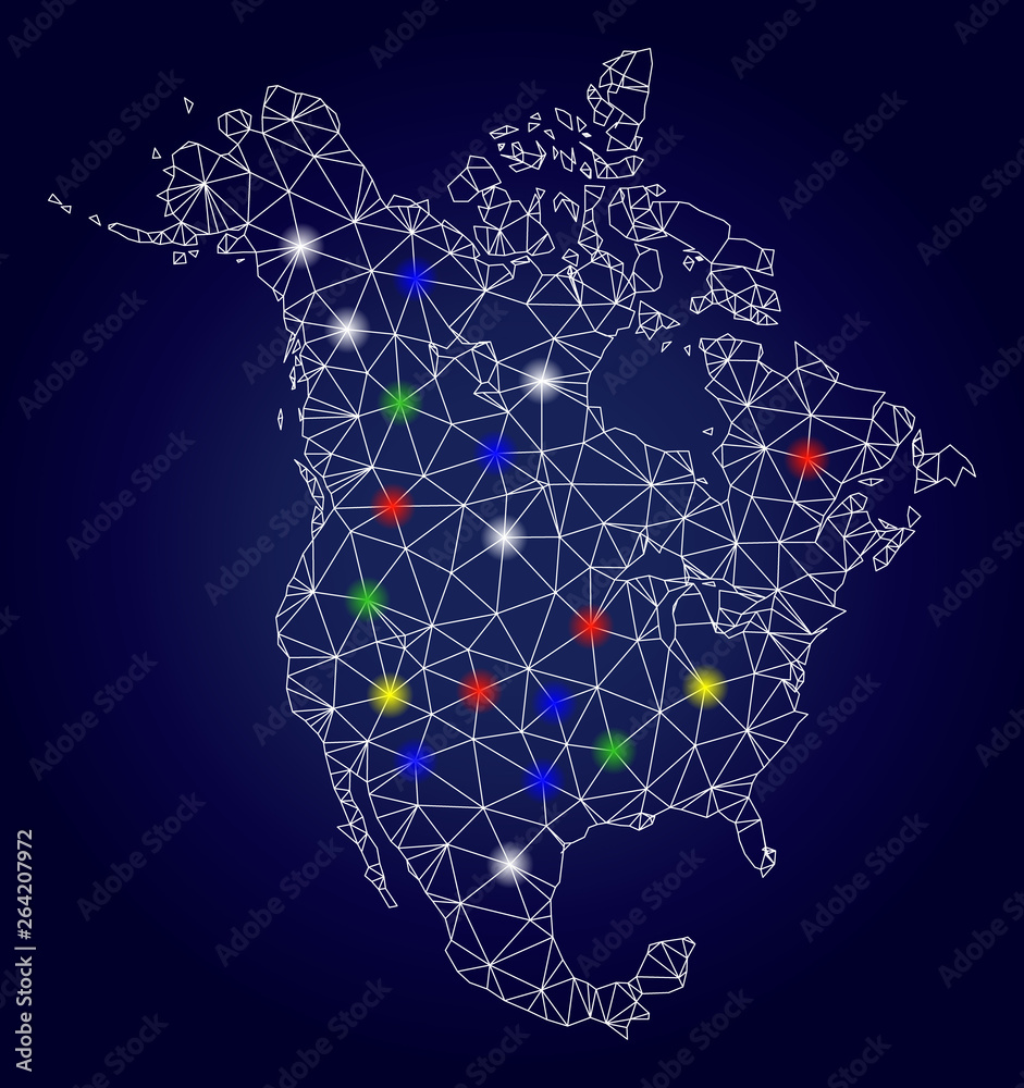 Glamour mesh vector North America v2 map with glowing light spots. Mesh model for patriotic illustrations. Abstract lines, dots, flash spots are organized into North America v2 map.