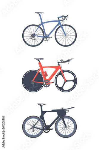 Road bike set. Flat icons. Triatlon bikes.