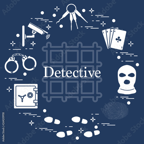 Criminal and detective elements. Crime, law and justice vector icons.