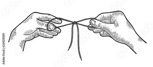 Hands tie shoelaces sketch engraving vector illustration. Scratch board style imitation. Hand drawn image.