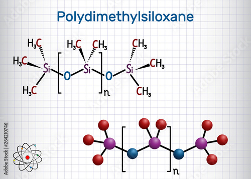 Polydimethylsiloxane, PDMS, silicone polymer, molecule. Structural chemical formula and molecule model. Sheet of paper in a cage