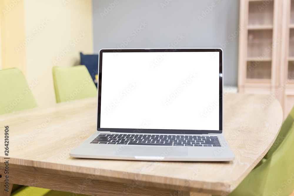 laptop showing blank screen on work table front view in home- Image laptop showing blank screen on work table front view in home- Image