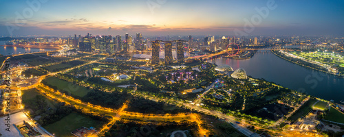 Canvas Print Panorama aerial view of the Singapore landmark financial business district at twilight sunset scene with skyscraper and beautiful sky