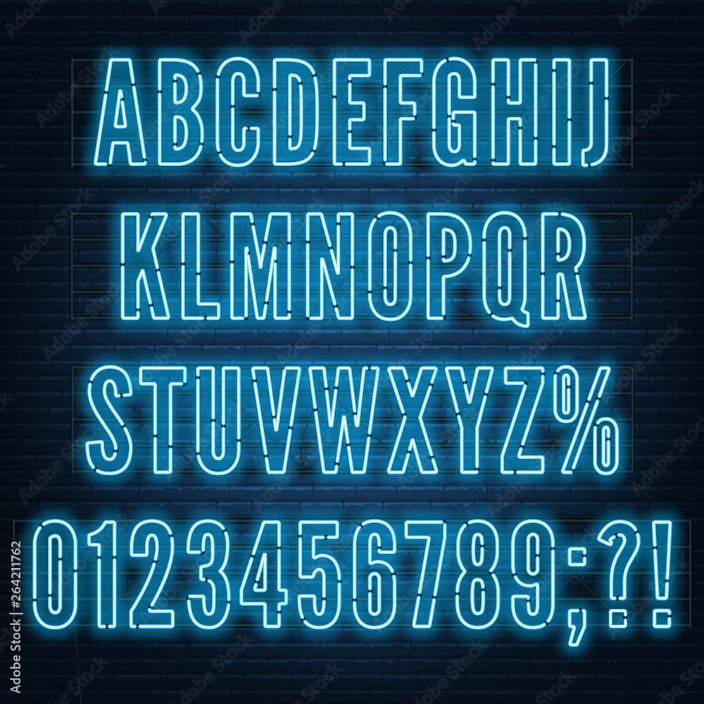 Retro blue neon alphabet with numbers on dark background. Retro blue neon alphabet with numbers on dark background.