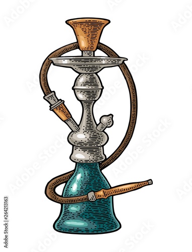 Hookah. Vector vintage engraving color illustration isolated on white