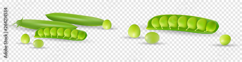 Vector green peas. Photo-realistic vector pods of green peas on transparent background. 3d green peas illustration.