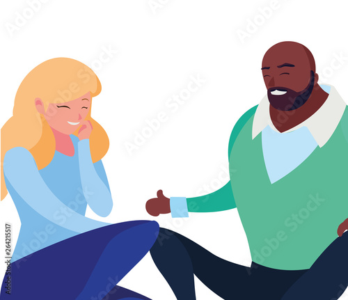 interracial young couple seated characters