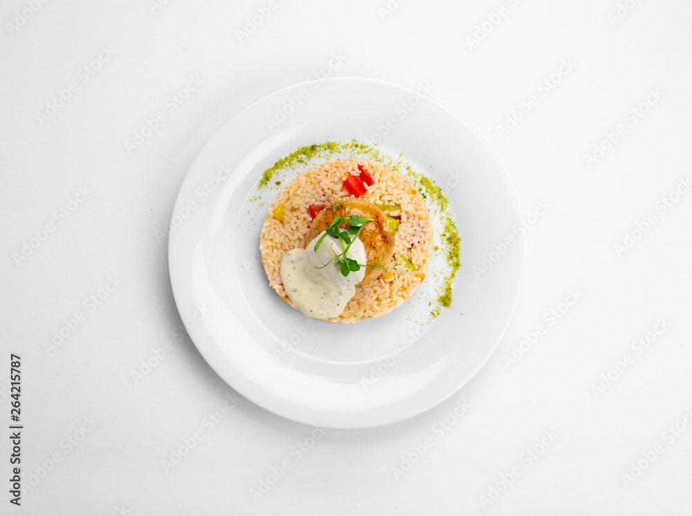 Chicken roll, with, bacon, and, cheese, rice, with vegetables, Roquefort sauce. Chicken roll, with, bacon, and, cheese, rice, with vegetables, Roquefort sauce.