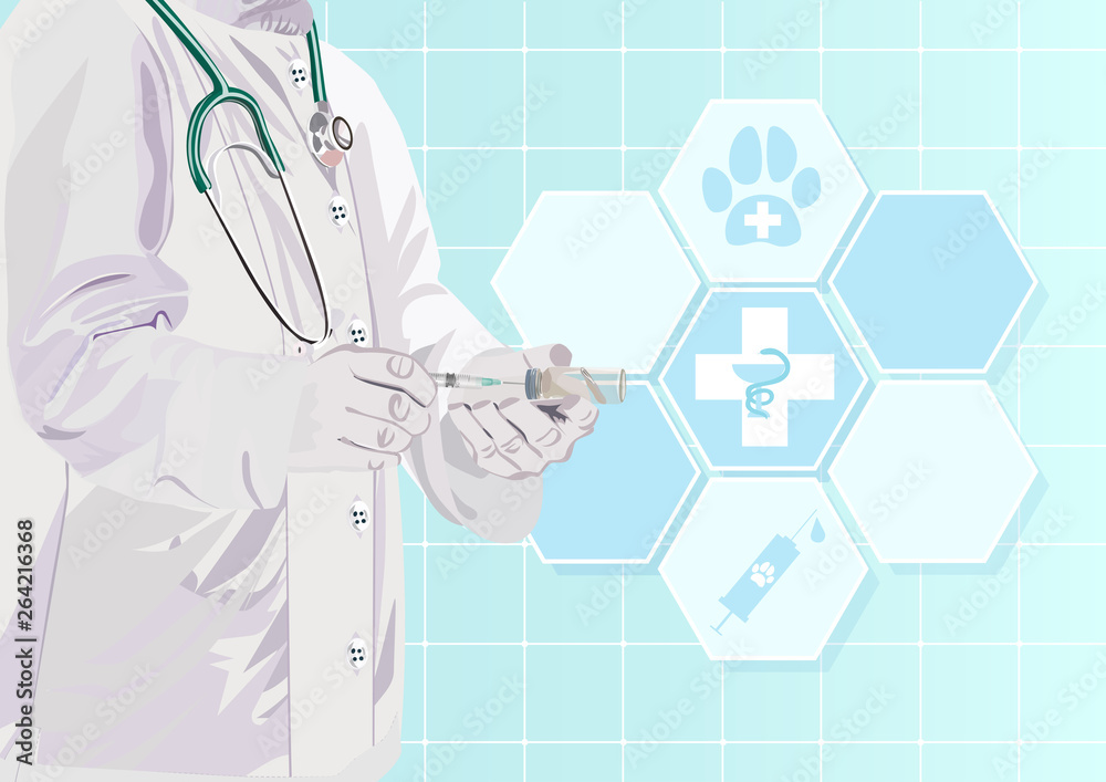 Veterinarian doctor. Vector illustration. Pets health care background. Domestic animals treatment concept. Veterinarian doctor. Vector illustration. Pets health care background. Domestic animals treatment concept.