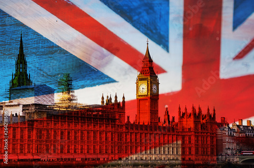 brexit concept - double exposure of UK landmarks and flag photo