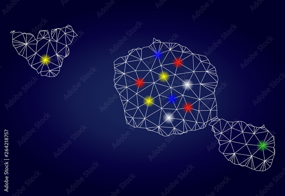 Bright mesh vector Tahiti and Moorea islands map with glare light spots ...