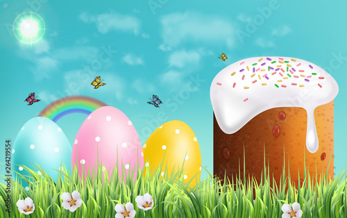 Easter Traditional sweet bread Vector realistic. Easter Eggs and rainbow background. Holiday cards