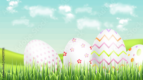 Easter eggs Vector realistic. Spring holiday banner. 3d detailed poster templ...