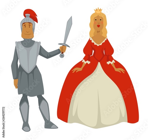 Knight in armor and princess in ball gown isolated Medieval characters