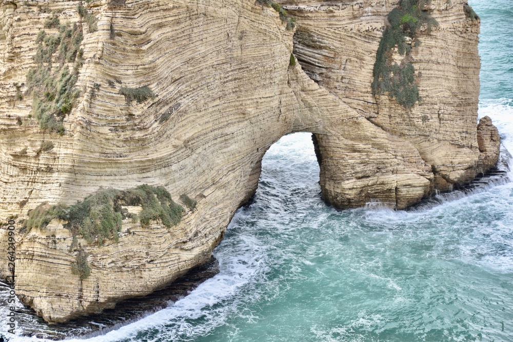 Naklejka premium Raouche Pigeon Rock Arch Close-up, Beirut, Lebanon