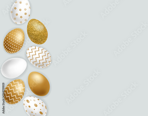 Easter painted golden eggs Vector realistic collection. Abstract ornamented cute design. 3d detailed sets