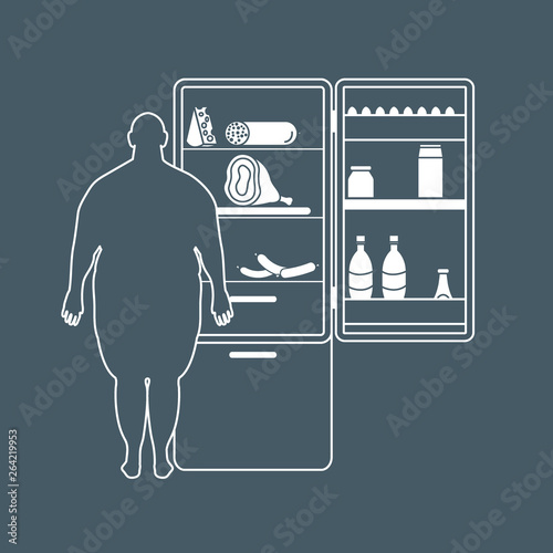 Fat man stands at the fridge full of food. Harmful eating habits.