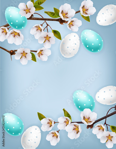 Cherry blossom and Easter colorful eggs Vector realistic. Spring holiday bann...
