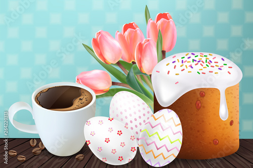 Coffee and Easter Traditional sweet bread Vector realistic. Easter Eggs. Holiday cards. Vintage decors