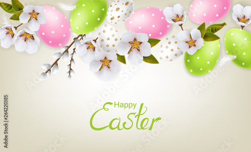 Cherry blossom and Easter colorful eggs Vector realistic. Spring holiday card...