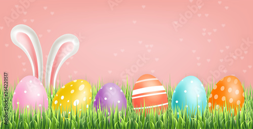 Colorful Easter eggs Vector realistic. Spring holiday banner. 3d detailed pos...