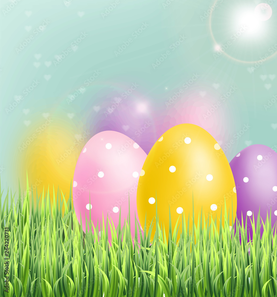 Colorful Easter eggs Vector realistic. Spring holiday banner. 3d detailed poster templates