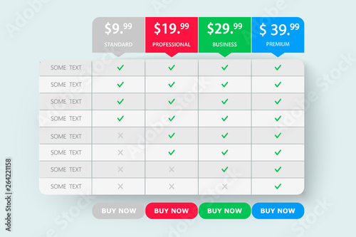 Creative business plans web comparison pricing table. Design modern banner list. Abstract concept graphic websites, applications element. Vector EPS10 illustration. Colorful 3d chart.