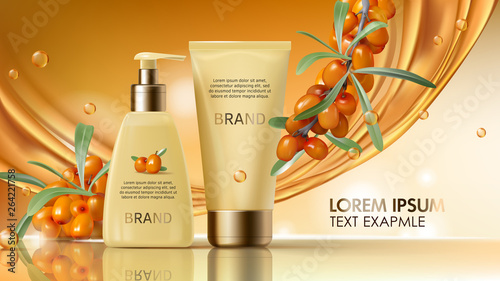 Sea buckthorn cosmetics vector realistic ads poster. Elegant packaging with cosmetic cream or lotion, branch with juicy orange seaberry, olive green leaves and flowing golden oil, magazine mockup