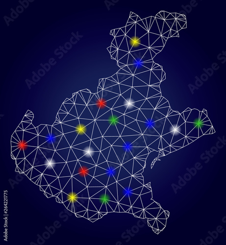 Bright mesh vector Veneto region map with glow light spots. Carcass model for patriotic purposes. Abstract lines, dots, flash spots are organized into Veneto region map.