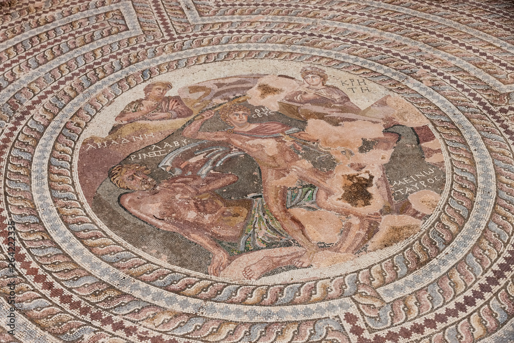 Mosaics at the temple of Apollo in Saranda Kolones castle ruins, Paphos, Cyprus