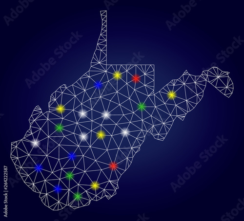 Bright mesh vector West Virginia State map with glowing light spots. Lowpoly model for political posters. Abstract lines, dots, light spots are organized into West Virginia State map.