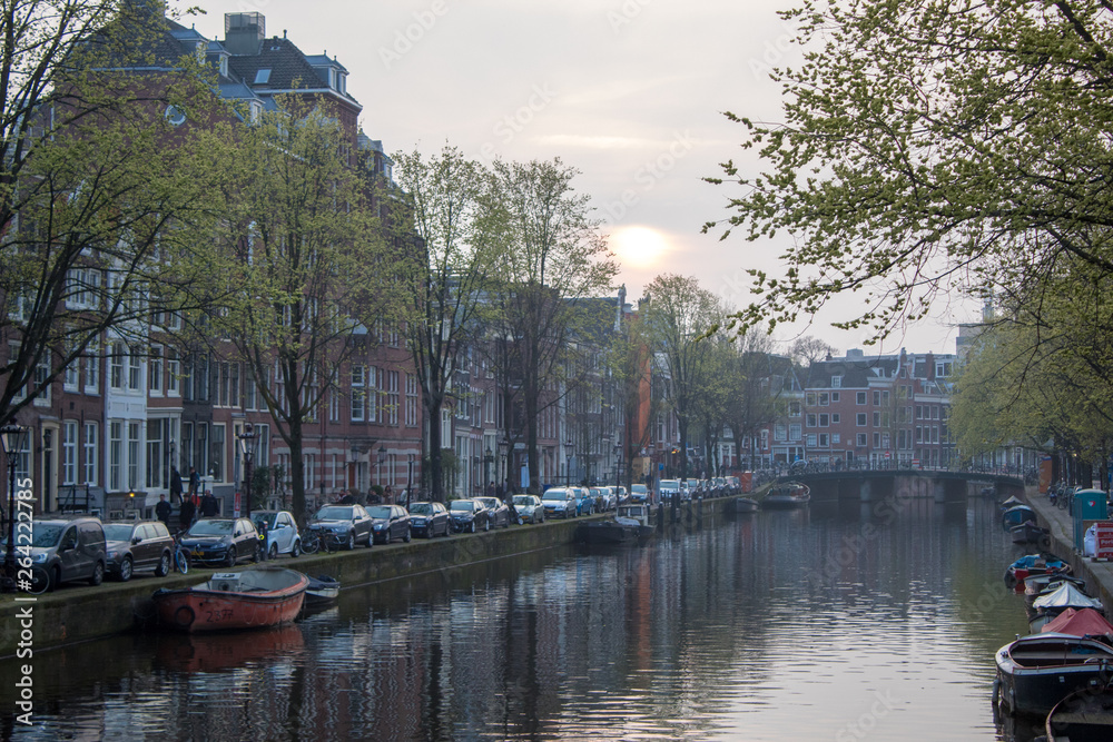 Evening streets of Amsterdam in the spring, the Netherlands