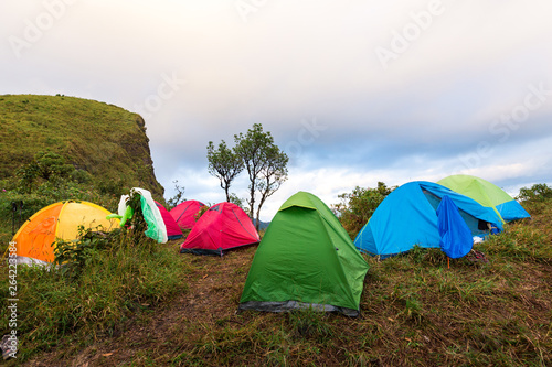Tents of the tourist settled on a mountain.