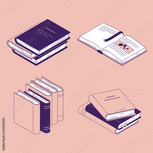 Isometric book vector illustration set - isolated closed and open paper literature or diary with bookmarks.