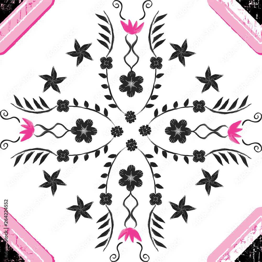Naklejka premium Hand painted ornamental floral Cabochon tile with black and pink diamond design in a fully editable vector format.