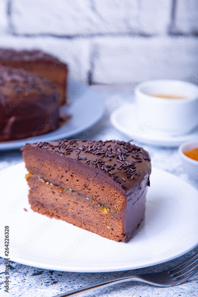 cake. Traditional Austrian chocolate dessert. Homemade baking. Selective focus, close-up.