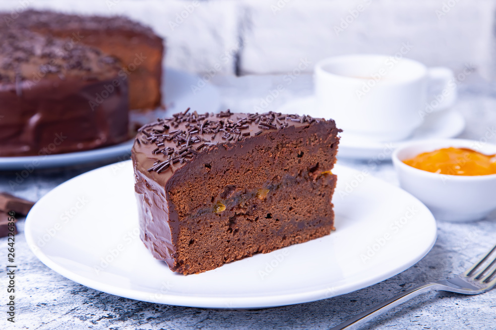 cake. Traditional Austrian chocolate dessert. Homemade baking. Selective focus, close-up. cake. Traditional Austrian chocolate dessert. Homemade baking. Selective focus, close-up.