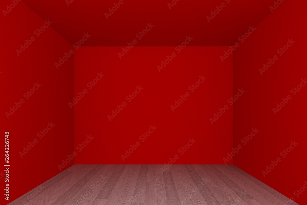 empty room ,red wall with wood floor ,3d interior empty room ,red wall with wood floor ,3d interior