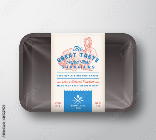 Great Taste Rabbit. Abstract Vector Meat Plastic Tray Container with Cellophane Cover. Retro Typography Packaging Design Label Template. Hand Drawn Bunny Hare Vintage Background Layout.